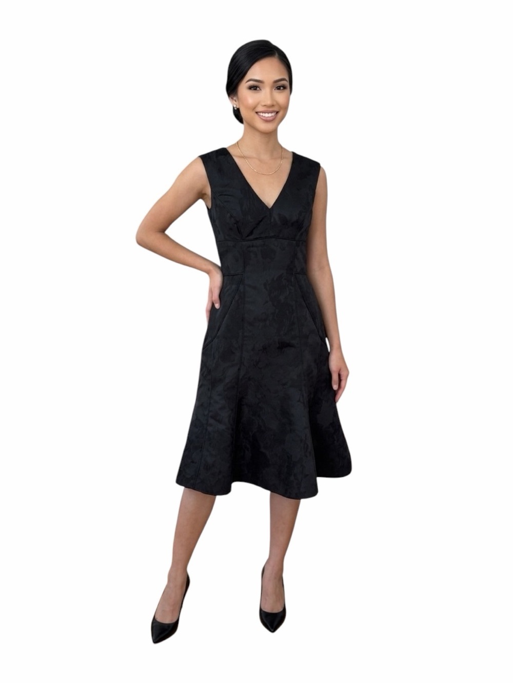 Vera Wang Black Floral Jacquard Fit & Flare Cocktail Dress Size 2